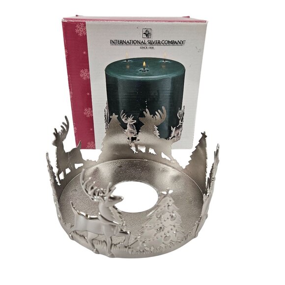International Silver Holiday Reindeer Tree Pillar Holder 6.25 in Brushed Silver - Picture 1 of 10